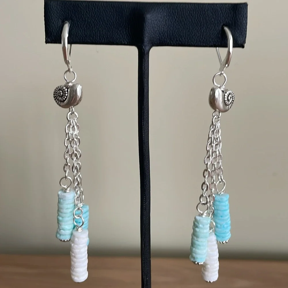 HAND CRAFTED BEACHY TASSEL EARRINGS Aqua and White Shell Rondelles